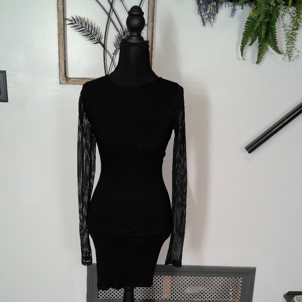 Women’s Black Stretch Bodycon Dress Sheer Mesh Sleeves Glam Night Out